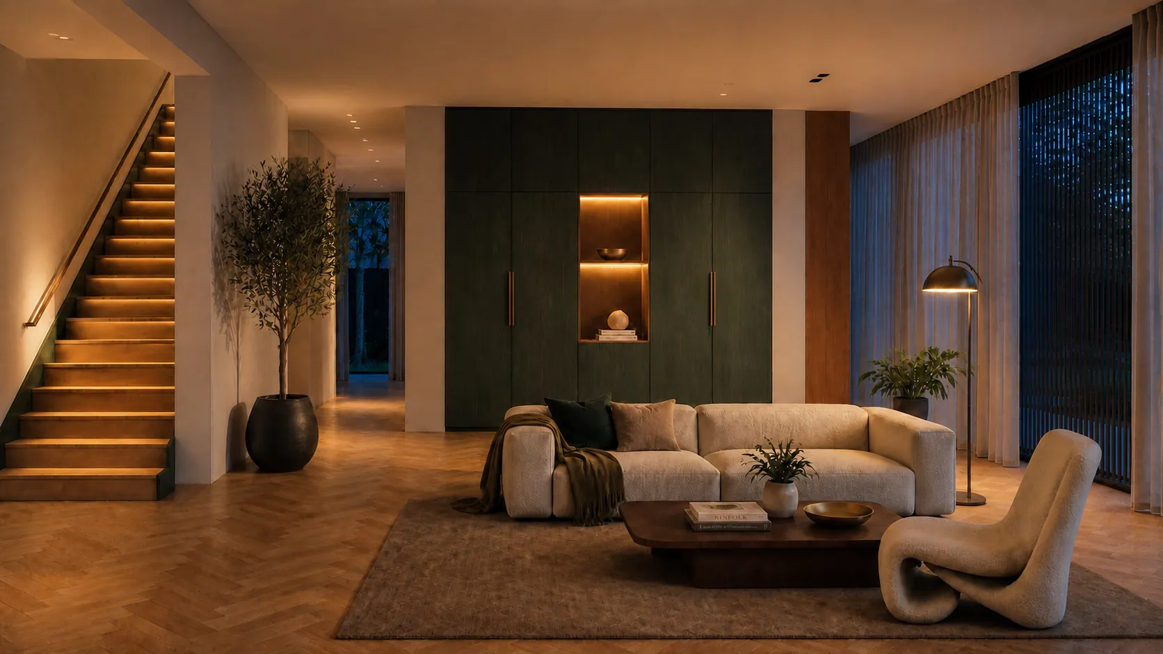 Warm interieur met vloer, gordijnen en raamdecoratie